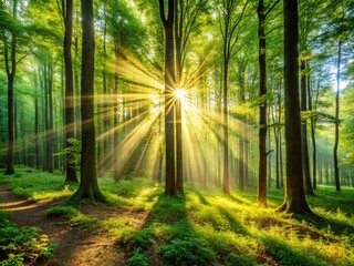 Fototapeta premium Sunrays Illuminate Forest: Natural Energy, Long Exposure Photography
