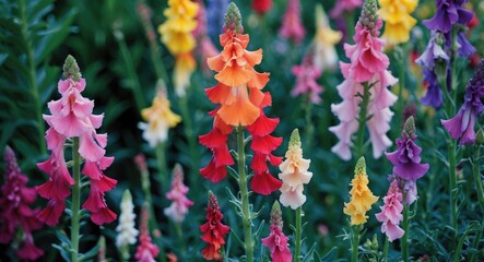 Obraz premium Colorful collection of blooming snapdragon flowers in various shades including pink, red, orange, yellow, and purple in a garden setting.