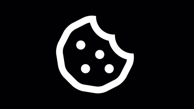 Icon cookie bite is distorted. Glitch. Noise, chromatic aberration, geometric distortion. Transparent background, looped. In-Out looped. Alpha BW at the end