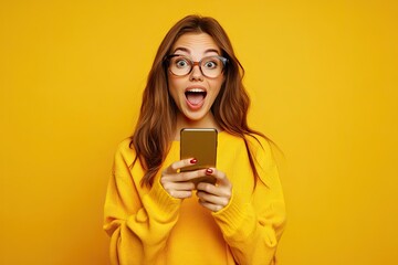 Wow, great news. Portrait of excited surprised woman holding and using smartphone. taking off glasses, yellow studio background.