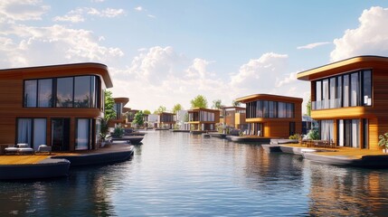 Modern Floating Homes by Calm Water in Scenic Nature Environment
