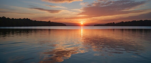 Fototapeta premium Sunset over calm lake water with reflections and colorful clouds in the sky during dusk supporting a tranquil natural landscape scene