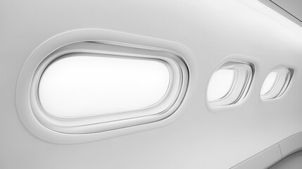 Minimalist airplane cabin with white interior and three oval windows view