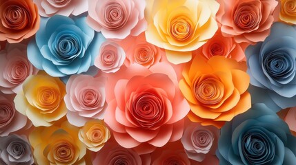 Colorful paper roses background with pastel hues of orange, blue, and yellow flowers