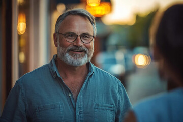 Fototapeta premium Smiling man with glasses and beard. Talking to someone on a summer night street with cars and storefronts in the background.