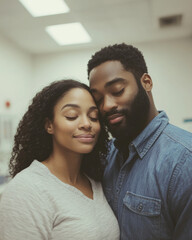 Serene Portrait of a loving couple embracing with eyes closed. Their closeness and warmth are palpable in this moment of connection.