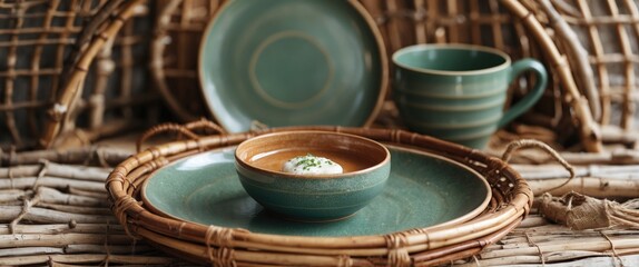 Ceramic tableware set featuring a cup, plates, and a bowl arranged on a woven background in natural light