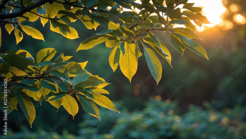 Poster sunlight filtering through green leaves on a branch with a blurred background during golden hour in 