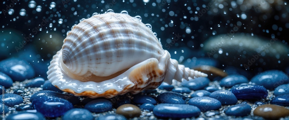Poster close-up of a spiral seashell resting on wet pebbles with water droplets and soft bokeh background i