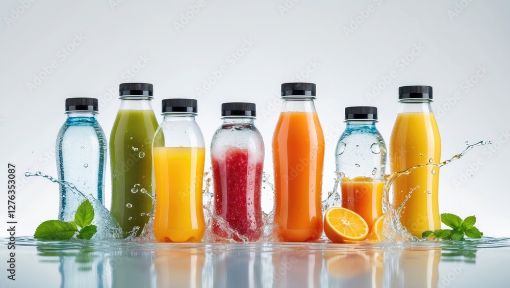 Poster assorted beverage bottles with colorful liquids splashing in water against a light background