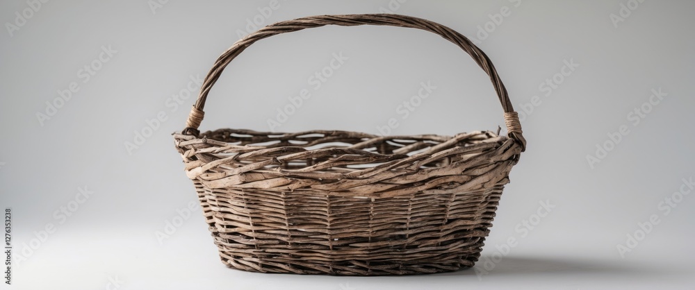 Poster woven wicker basket with a handle on a light gray background in minimalist presentation