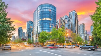 Urban City Landscape at Sunset with Skyscrapers and Traffic Flow