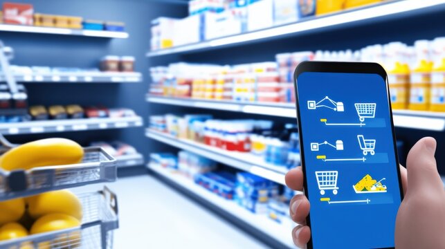 Shopping cart app usage grocery store digital interaction indoor close-up technology integration for modern shopping