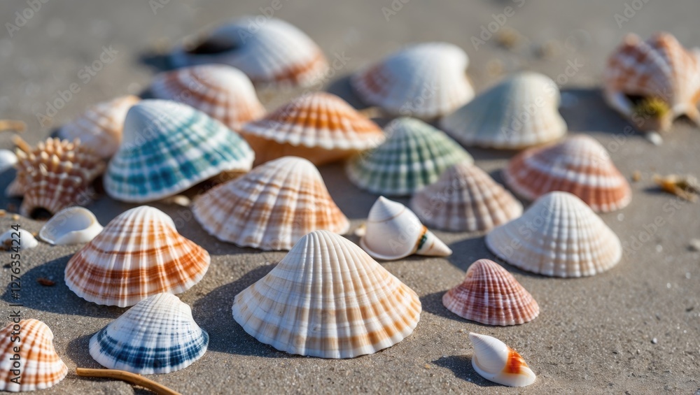 Poster group of various seashells arranged on sandy beach during daylight showcasing colors and patterns.