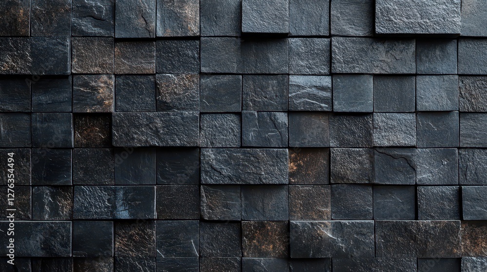 Poster textured black stone wall with square tiles creating a 3d geometric pattern