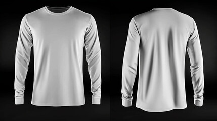 3D rendering of a white long-sleeve t-shirt mockup template on a black background, featuring both front and back views, showcasing the clean and modern design of the garment, perfect for apparel brand