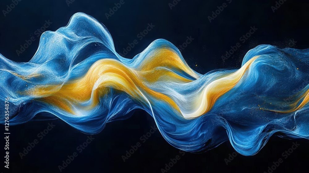 Poster flowing abstract waves of blue and yellow on dark background with dynamic motion