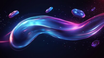 Futuristic neon wave with game controllers in space-themed digital artwork
