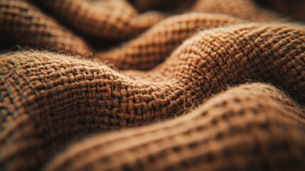 Fototapeta premium Close-up of a warm brown woven fabric, texture, detail. Background blurred textile. Use design, fashion, background