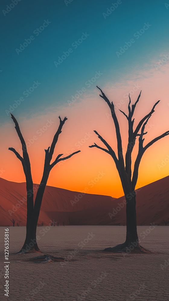 Poster two dried trees stand in the desert at sunset, with soft sand dunes and a clear sky above. this imag