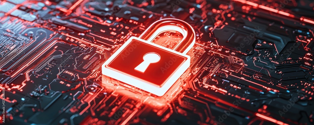 Poster abstract ai-driven cybersecurity defense system, neon-lit digital padlock surrounded by encrypted da
