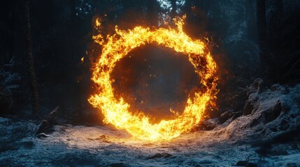 Fiery ring in snowy forest at night creating a mystical and surreal atmosphere