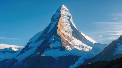 Matterhorn mountain peak with clear blue sky and sunlight illuminating the snow-covered summit in the Swiss Alps