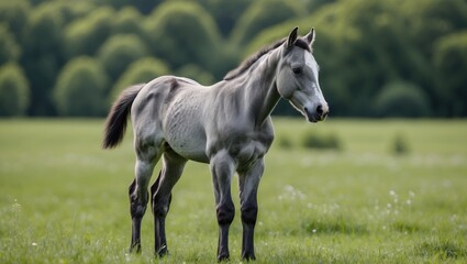 Fototapeta premium Gray horse standing in lush green field with trees in background on a sunny day
