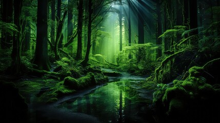 Obraz premium forest neon green light