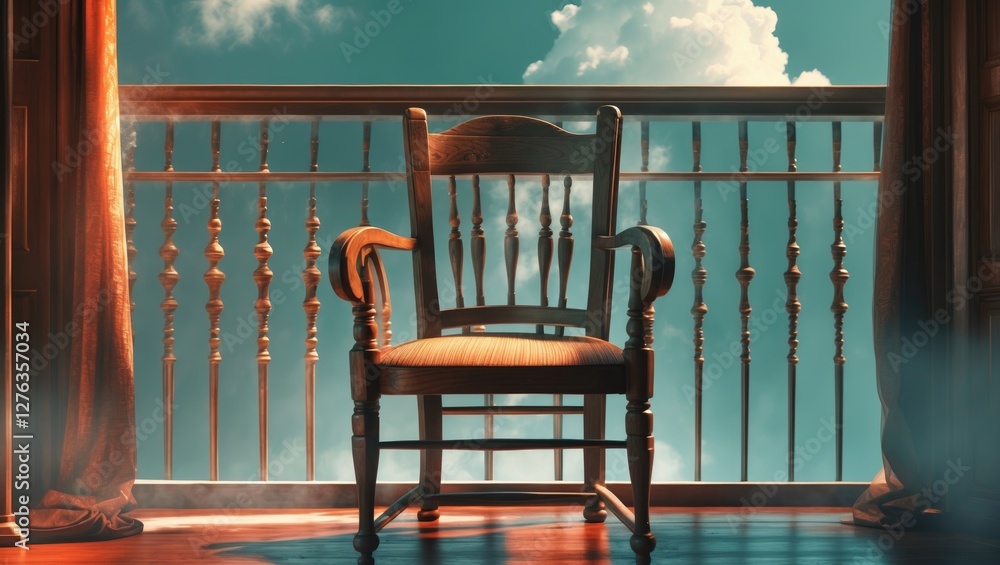 Aufkleber wooden chair positioned in front of balcony railing with cloudy sky backdrop and soft lighting creat