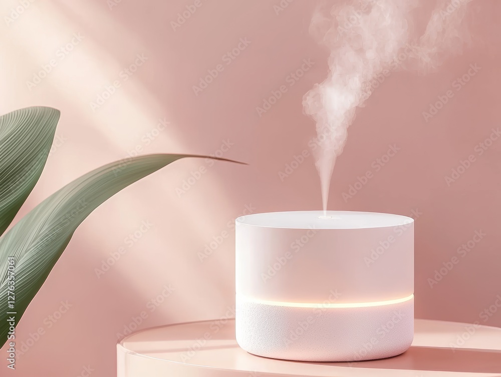 Poster aromatherapy diffuser releasing soft mist, neutral background, elegant and calming minimal compositi