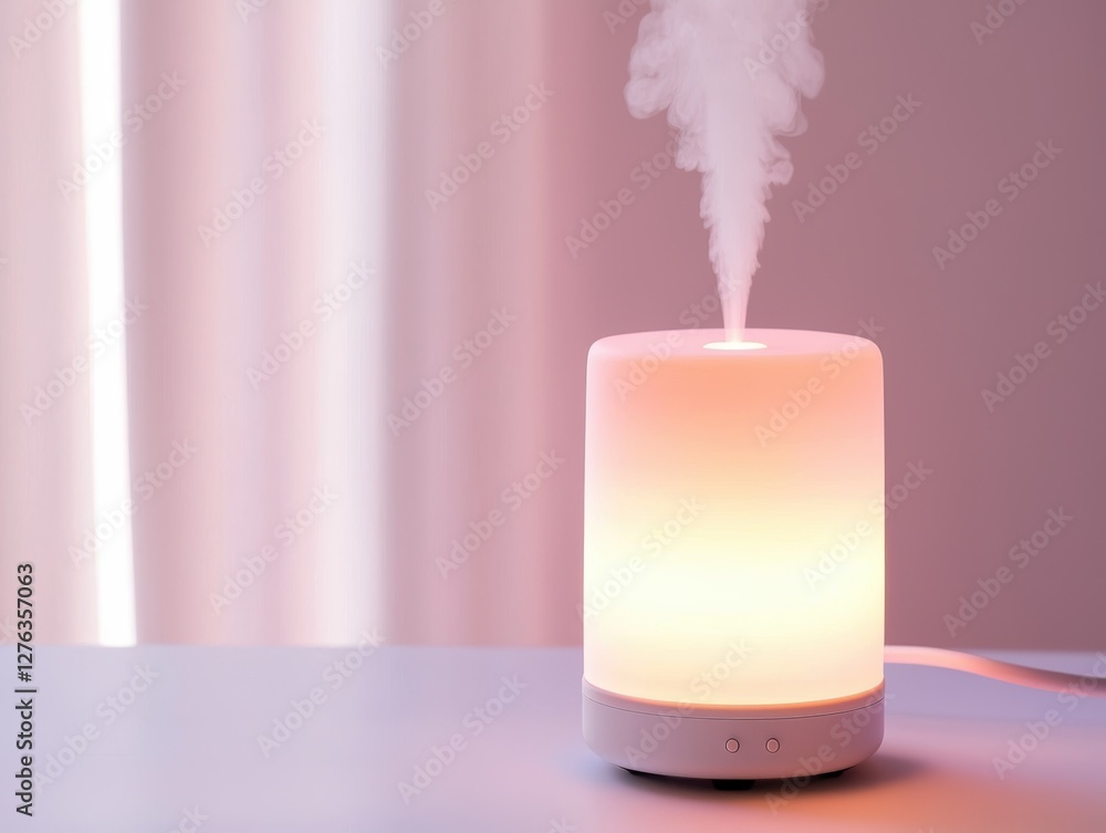 Poster aromatherapy diffuser releasing soft mist, neutral background, elegant and calming minimal compositi