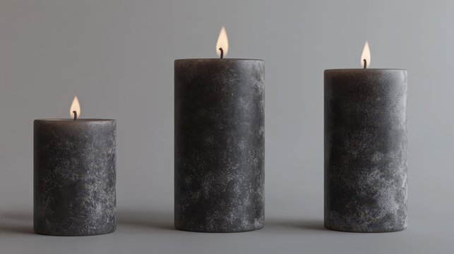 Three burning black candles of varying heights on a gray background