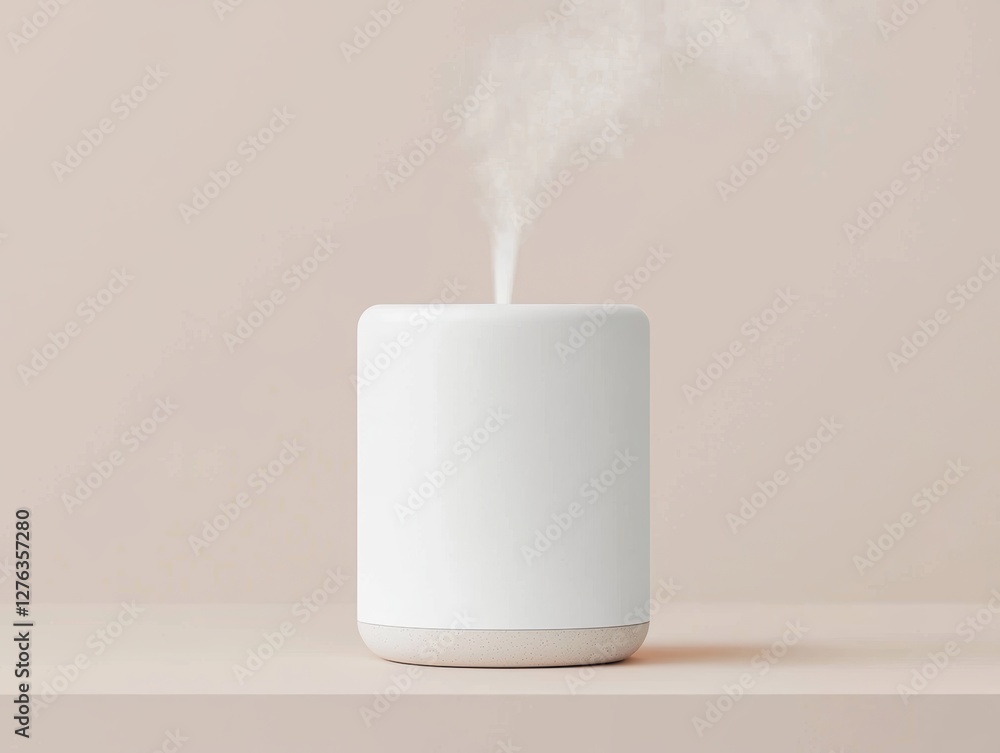 Poster aromatherapy diffuser releasing soft mist, neutral background, elegant and calming minimal compositi