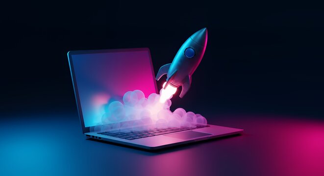 Rocket Launching From Laptop Screen Concept of Business Startup