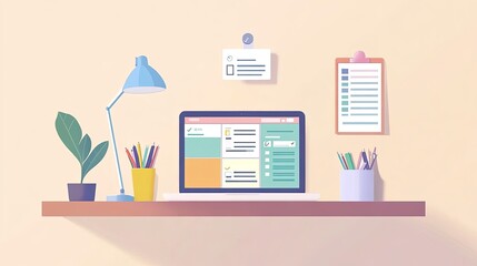 Modern Workspace with Laptop, Stationery, and Green Plant Decoration