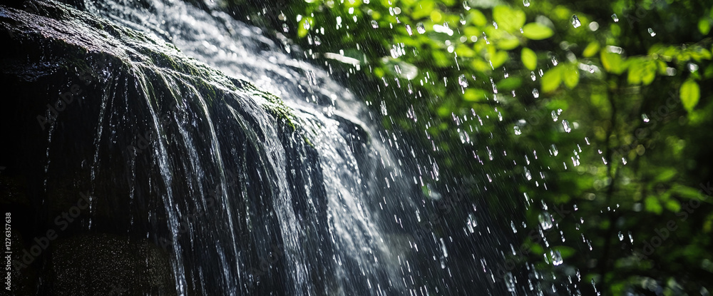Poster close-up of a natural waterfall with water droplets splashing down over a rocky surface, surrounded 