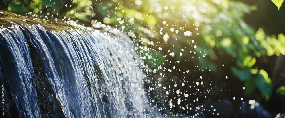 Poster Close-up of cascading waterfall with water droplets splashing over rocks, surrounded by lush greenery and sunlight filtering through, symbolizing tranquility and natural beauty.