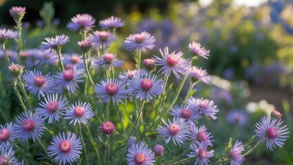 Obraz premium Cluster of purple and pink flowers in a garden setting during golden hour with soft bokeh background effect.