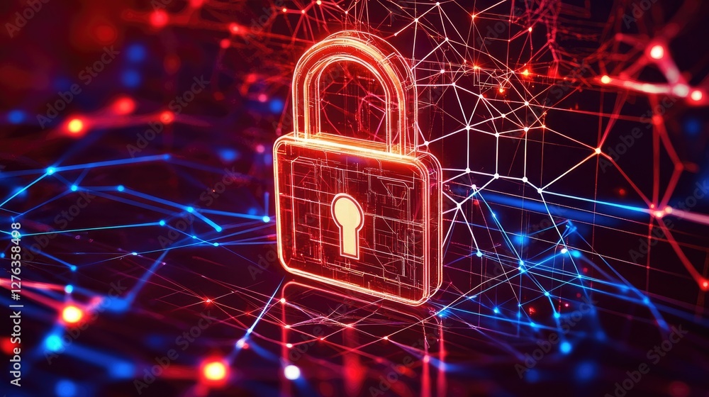 Poster digital lock icon with glowing effects and network background