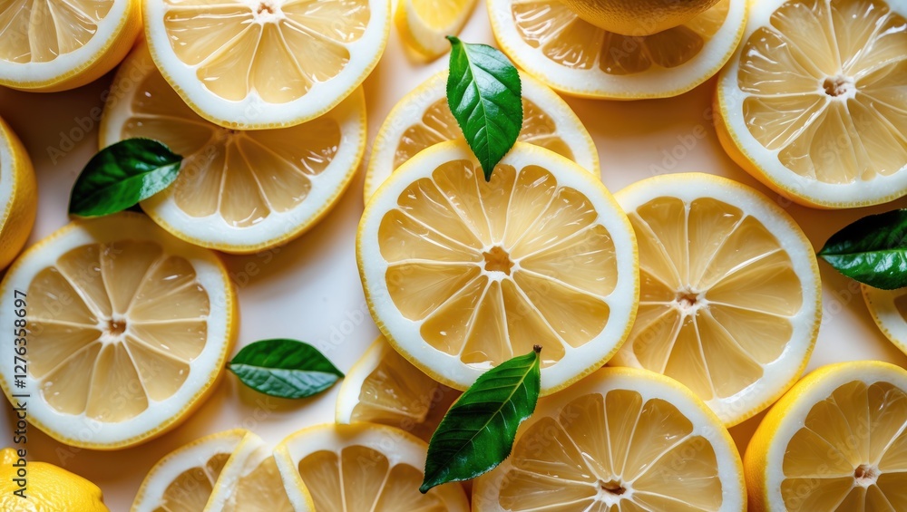 Aufkleber sliced lemons with green leaves arranged on a white background in a top-down view creating a fresh a
