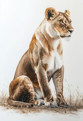 Fototapeta premium Majestic lioness, African savanna, watchful gaze, serene background, wildlife art