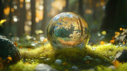 Green planet globe resting on moss in forest with defocused bokeh lights, promoting environmental care