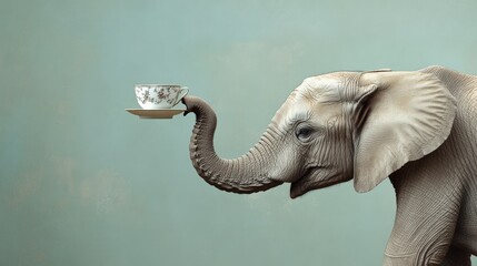 A giant elephant balancing a tiny teacup on its trunk, with extreme concentration as if it in a delicate tea party.