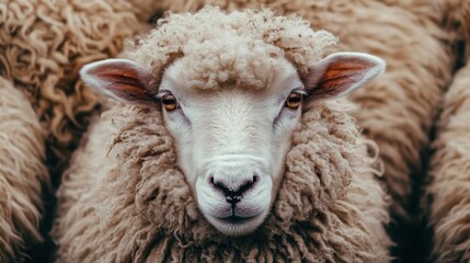 Fototapeta premium Close-up of fluffy sheep with curly wool in farm setting