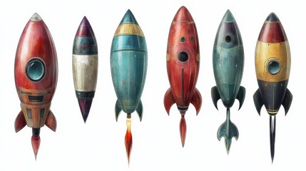 Retro rockets in various colors and designs standing on white background