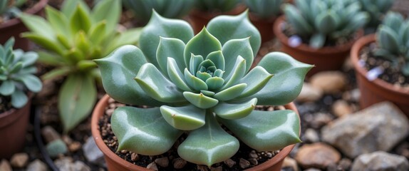Obraz premium Succulent plant in a terracotta pot with green leaves surrounded by other similar plants and pebbles in a garden setting