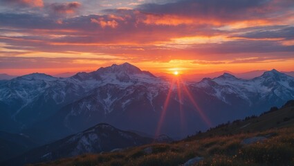 Mountain landscape at sunset with dramatic clouds and colorful sky illuminating snow-capped peaks and grassy foreground.