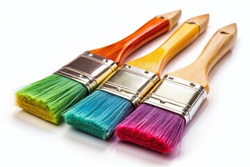 Fototapeta premium Three Paint Brushes on White Background, Copy Space, Artist Supplies, Creative Tools