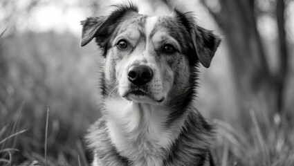 Black and white portrait of a dog with expressive eyes standing in a natural grassy environment